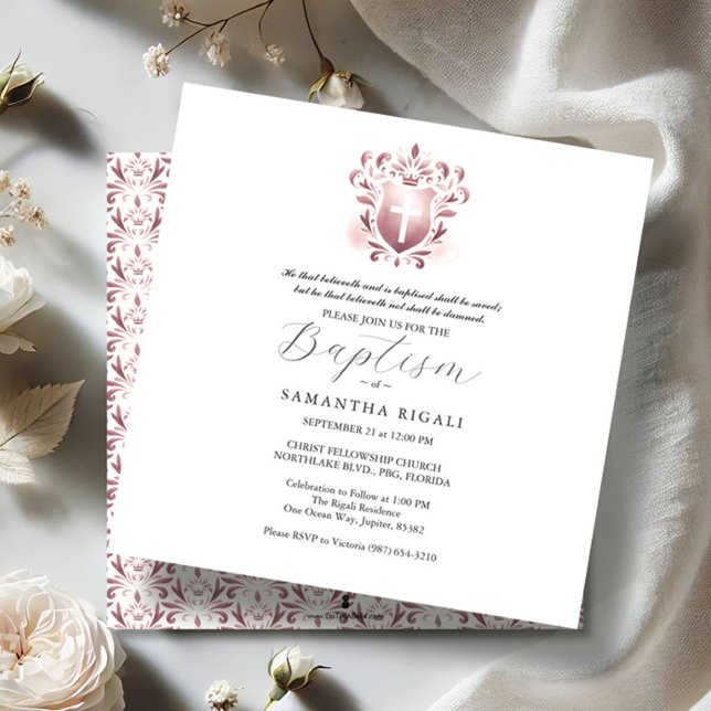 Square Baptism Invitations Religious Pink (Daughter baptism invitations dusty rose watercolor)