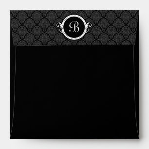 Square Black Damask Flap Monogram Envelopes