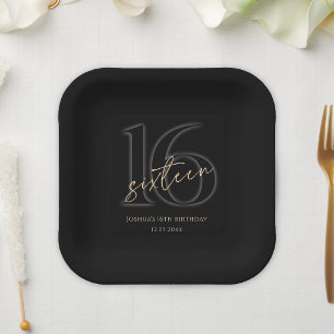 Square Black Gold 16th Birthday Party Paper Plates