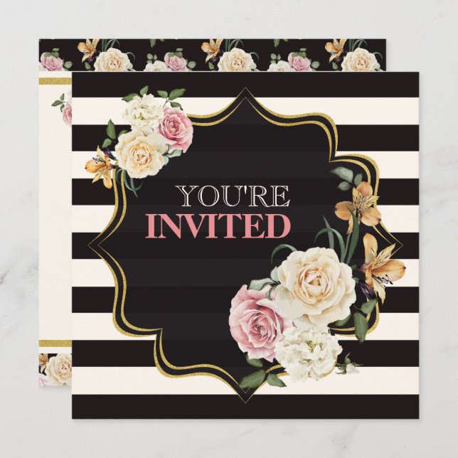 Square Black, Ivory Stripes, Florals Bridal Shower Invitation (Front/Back)