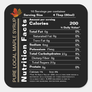 Square Black Maple Syrup Nutrition Facts with Leaf Square Sticker