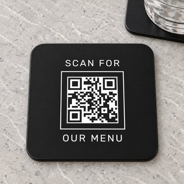 Square Black Scan For Our Menu QR Code Coaster (Creator Uploaded)