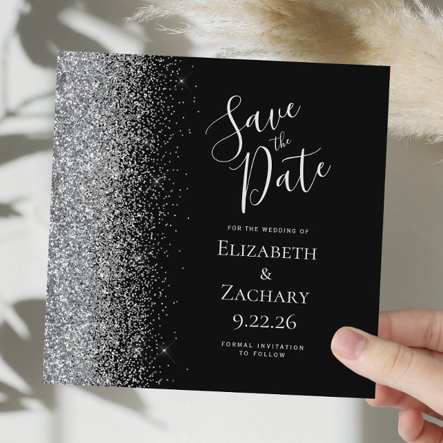 Square Black Silver Glitter Save the Date Announcement (Creator Uploaded)