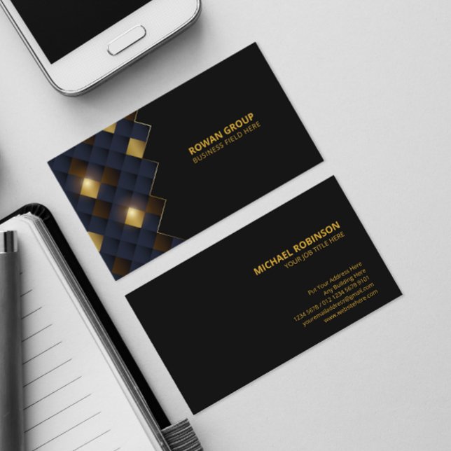 Square Blue Brown Gold Pattern | Luxury Black Business Card (Creator Uploaded)