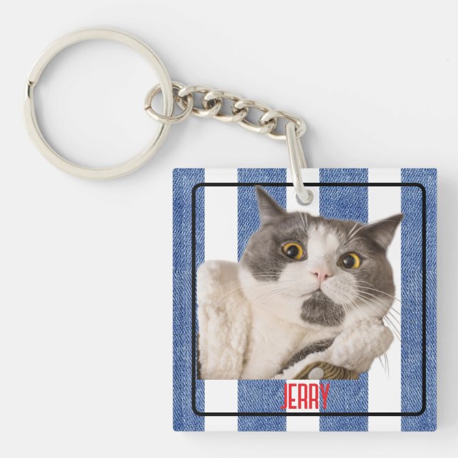Square Blue Red White Nautical Stripes Pet Acrylic Key Ring (Front)