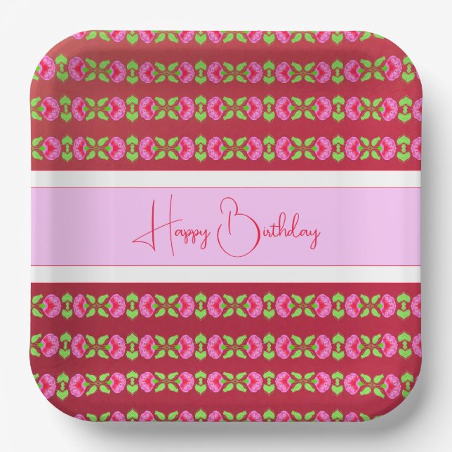 Square Bright Pink Floral Patterned Paper Plate (Front)