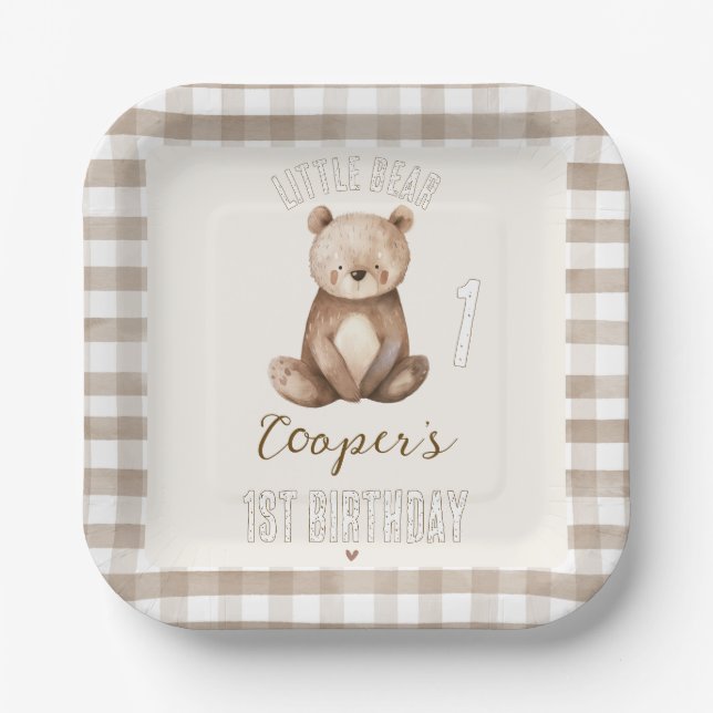 Square Brown Arch Our Little Bear 1st Birthday Paper Plate (Front)