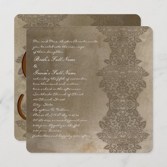 Square Brown Vintage Damask Wedding Invitation (Front/Back)