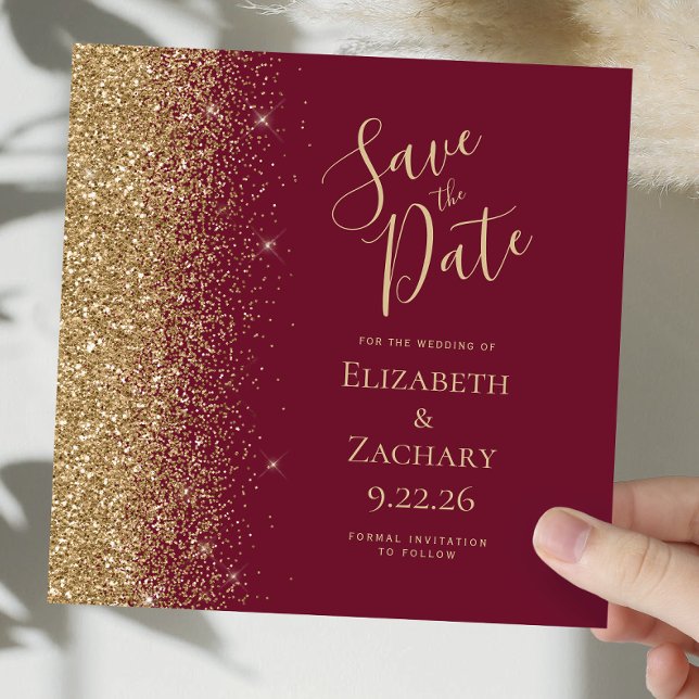 Square Burgundy Red Gold Glitter Save the Date Announcement (Creator Uploaded)