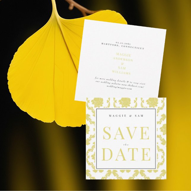 Square Buttery Yellow Damask Wedding Save Date  Save The Date (Creator Uploaded)