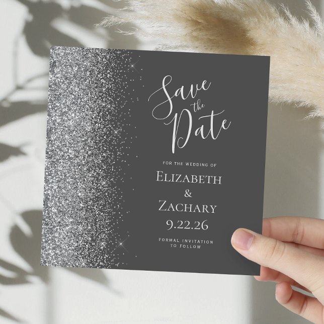 Square Charcoal Grey Silver Glitter Save the Date Announcement (Creator Uploaded)