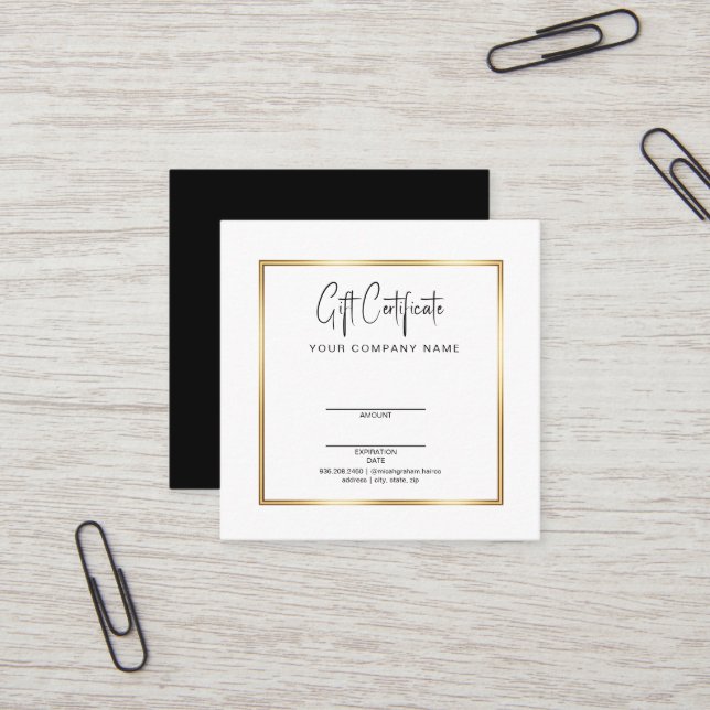 Square Chic Black and Gold Salon Gift Certificate (Front/Back In Situ)