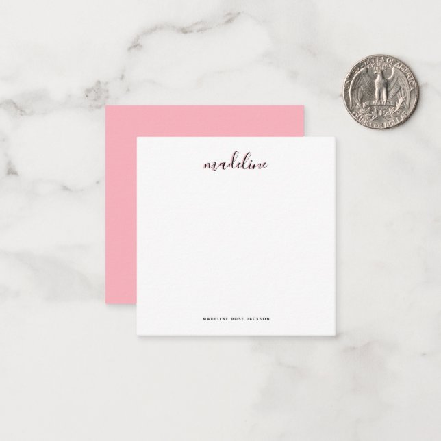 Square Chic Blush Pink with black Calligraphy name Card (Front/Back In Situ)