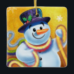 Square Christmas tree decoration Snowman & tinsel.<br><div class="desc">Square gold Christmas tree decoration Snowman and tinsel. golds.
This jolly snowman is about to decorate his tree with colourful tinsel.
See the other characters in this same series,  Santa and Polar Bear and Rudolph.</div>
