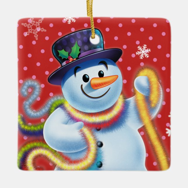 Square Christmas tree decoration Snowman & tinsel. (Front)