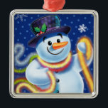 Square Christmas tree decoration Snowman & tinsel.<br><div class="desc">Premium square blues Christmas tree decoration Snowman and tinsel.deep blues.
This jolly snowman is about to decorate his tree with colourful tinsel.
See the other characters in this same series,  Santa and Polar Bear and Rudolph.</div>