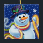 Square Christmas tree decoration Snowman & tinsel.<br><div class="desc">Square blues Christmas tree decoration Snowman and tinsel.deep blues.
This jolly snowman is about to decorate his tree with colorful tinsel.
See the other characters in this same series,  Santa and Polar Bear and Rudolph.</div>