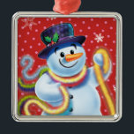 Square Christmas tree decoration Snowman & tinsel.<br><div class="desc">Premium square reds Christmas tree decoration Snowman and tinsel.deep reds.
This jolly snowman is about to decorate his tree with colourful tinsel.
See the other characters in this same series,  Santa and Polar Bear and Rudolph.</div>