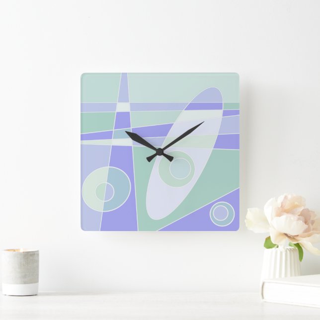 Square Clock Abstract Surfing Pastel Purple Green (Home)