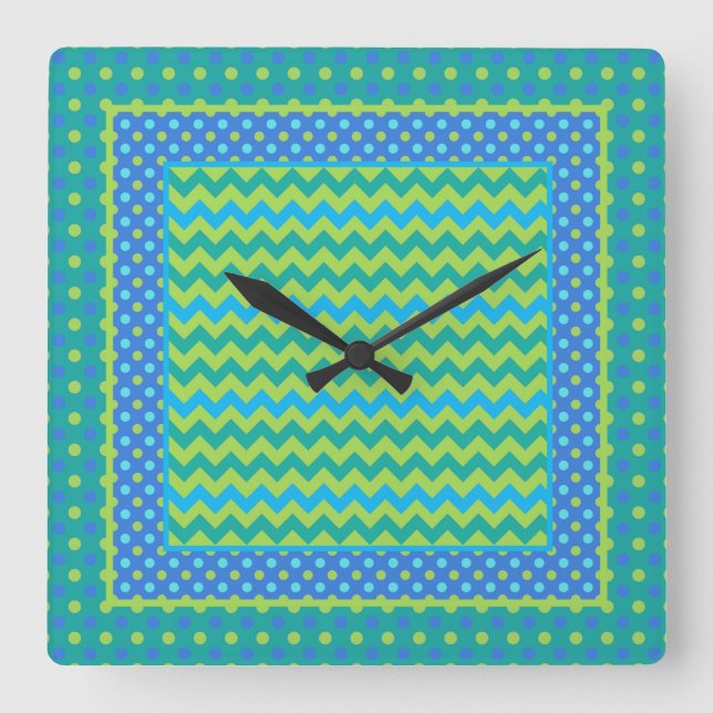 Square Clock: Mix'n'Match Chevrons and Polka Dots Square Wall Clock (Front)
