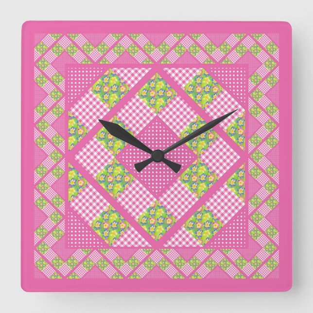 Square Clock: Pink: Primroses, Polka Dots, Gingham Square Wall Clock (Front)