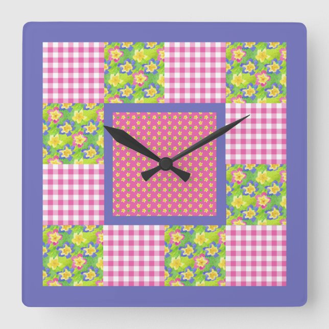 Square Clock: Pink: Primroses, Polka Dots, Gingham Square Wall Clock (Front)