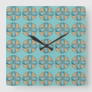 Square Clock with Turquoise Flower Design
