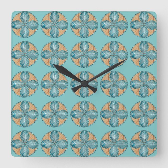 Square Clock with Turquoise Flower Design (Front)