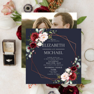 Square Copper Geometric Burgundy Blue Photo Invitation