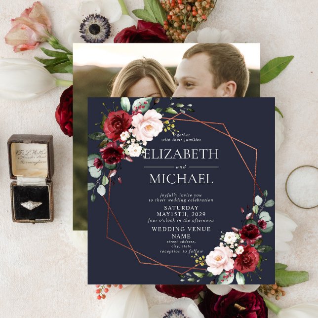 Square Copper Geometric Burgundy Blue Photo Invitation (Creator Uploaded)