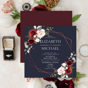 Square Copper Geometric Burgundy Blue Wedding Invitation