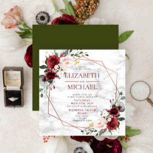 Square Copper Geometric Burgundy Marble Wedding Invitation