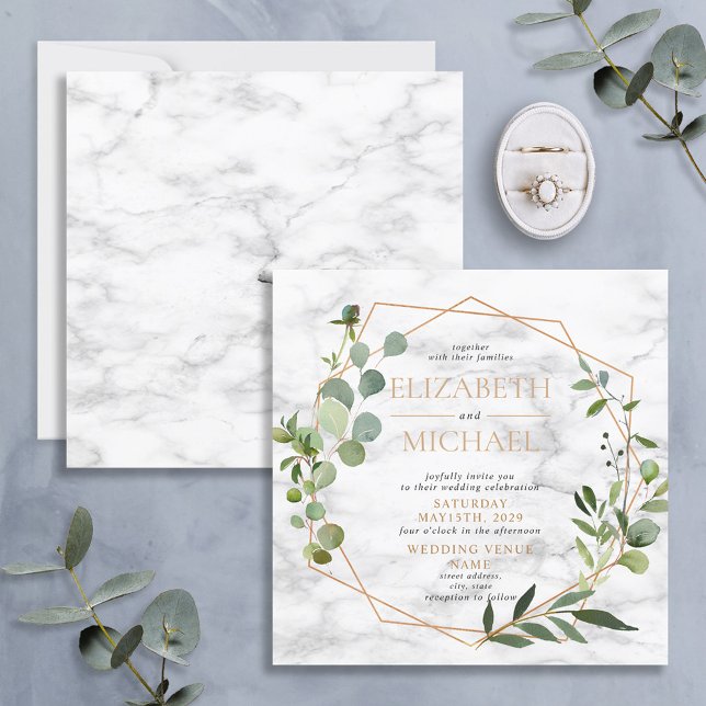 Square Copper Geometric Eucalyptus Marble Wedding Invitation (Creator Uploaded)