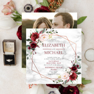 Square Copper Geometric Marble Burgundy Photo Invitation