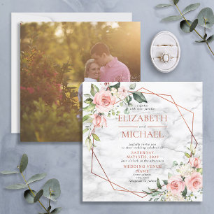 Square Copper Geometric Marble Pink Floral Photo Invitation
