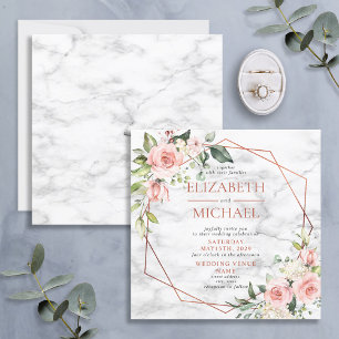 Square Copper Geometric Marble Pink Floral Wedding Invitation