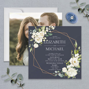 Square Copper Geometric Navy Blue Floral Photo Invitation