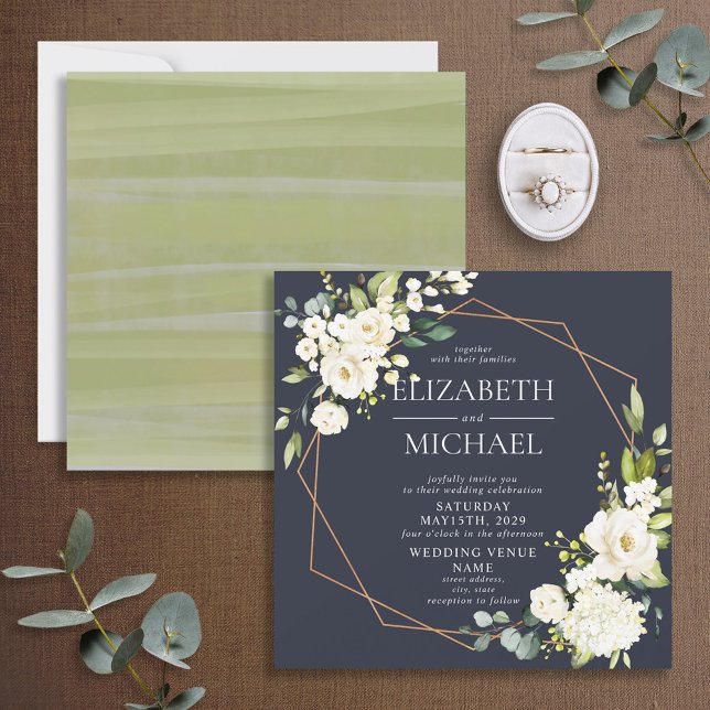 Square Copper Geometric Navy Blue White Floral Invitation (Creator Uploaded)