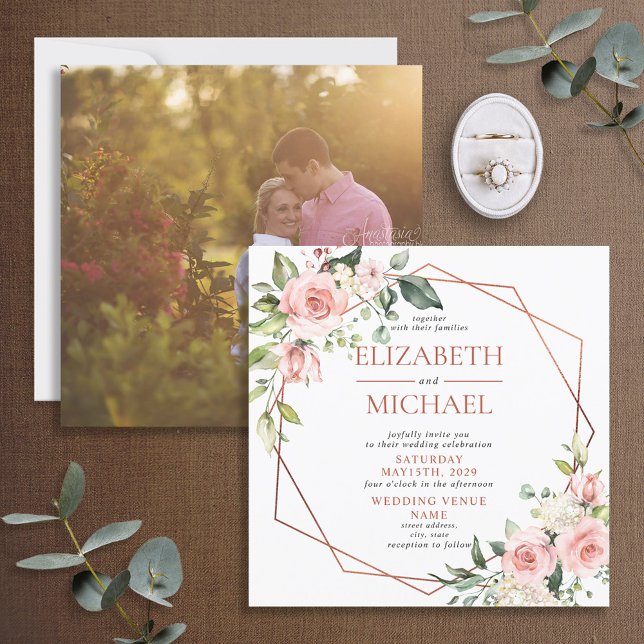 Square Copper Geometric Peach Pink Floral Photo Invitation (Creator Uploaded)