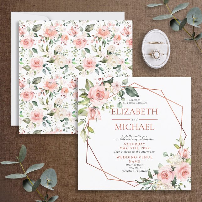 Square Copper Geometric Peach Pink Floral Wedding Invitation (Creator Uploaded)