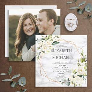 Square Copper Marble Geometric White Floral Photo Invitation