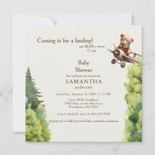 Square Cream Cute Bear Pilot Baby Shower Invitation