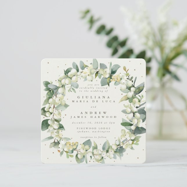 Square Cream Snowberry + Eucalyptus Wreath Wedding Invitation (Standing Front)