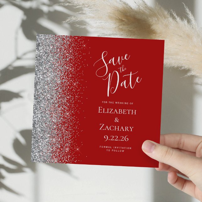 Square Crimson Red Silver Glitter Save the Date Announcement (Creator Uploaded)