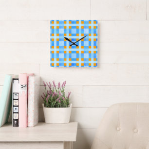 Square Crosses Check 10 Blue Orange  Wall Clock