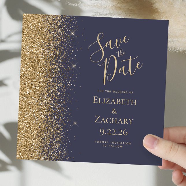 Square Dark Blue Gold Glitter Save the Date Announcement (Creator Uploaded)