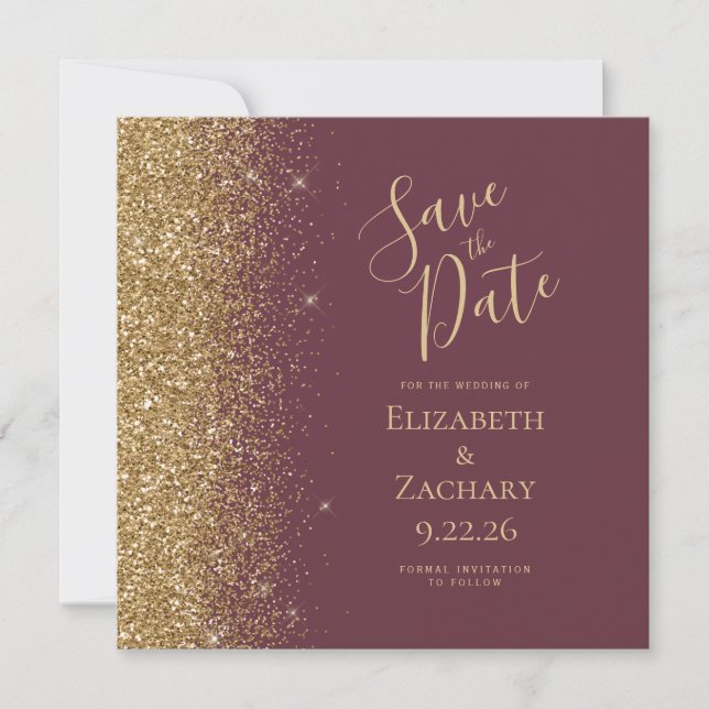 Square Dark Burgundy Gold Glitter Save the Date Announcement (Front)