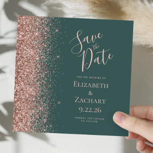 Square Dark Green Rose Gold Save the Date Announcement