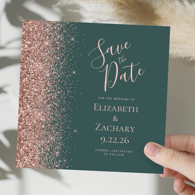 Square Dark Green Rose Gold Save the Date Announcement (Creator Uploaded)