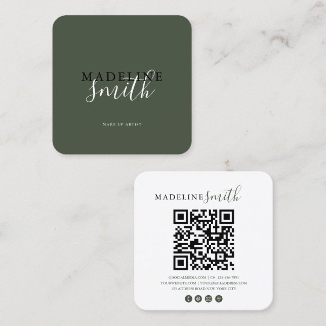 Square Dark Green Script QR code Square Business C Card (Front/Back)